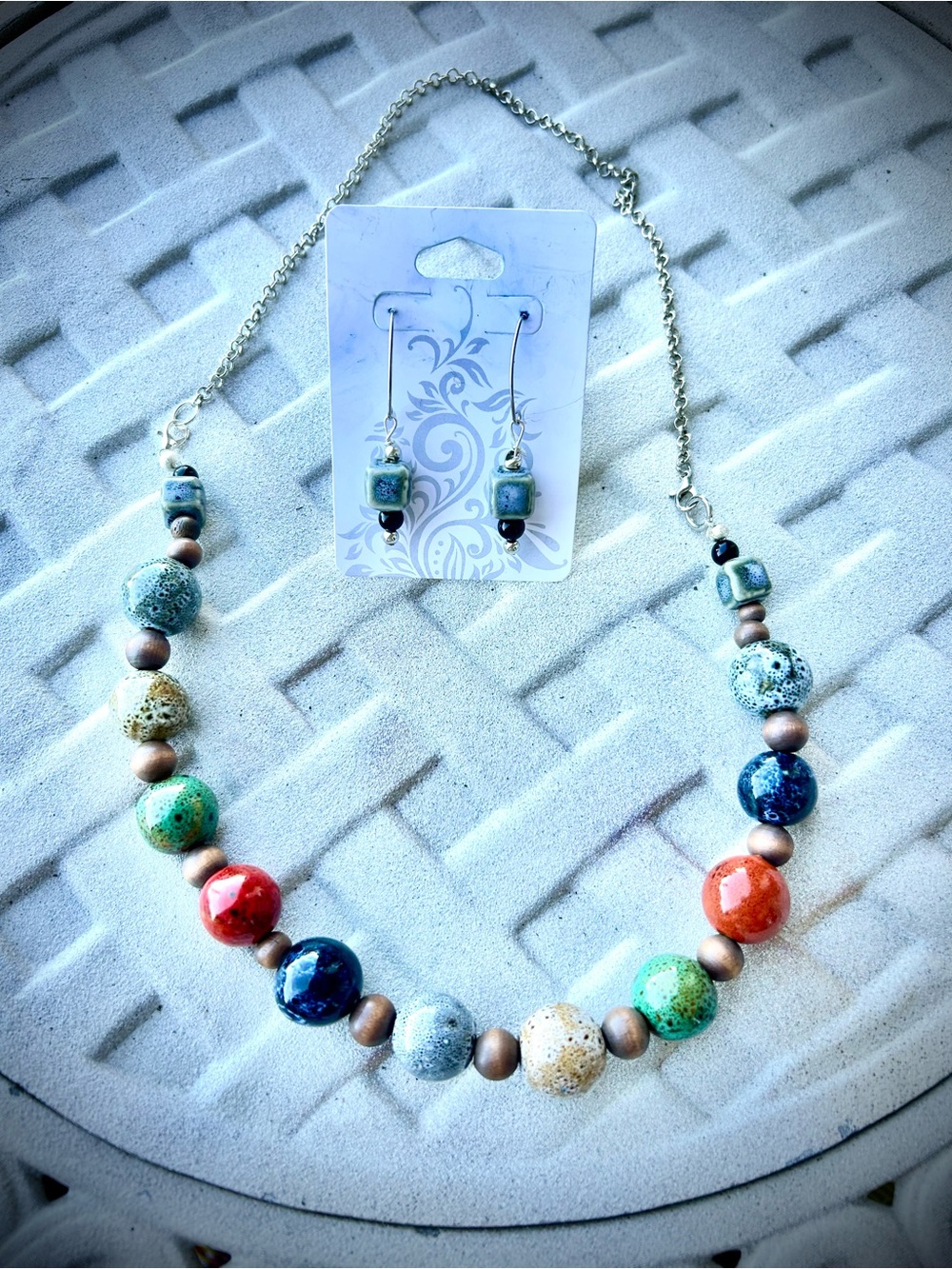 Artisan Multicolor Glazed Ceramic Bead Necklace with Earrings